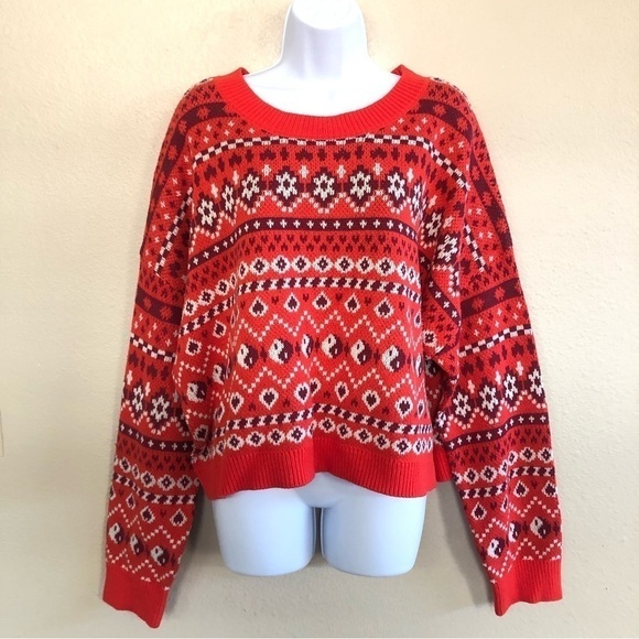 NWT BP. Crafted Cropped Sweater In Red Scarlet Holiday Fairisle Plus Size 3X - Picture 1 of 11